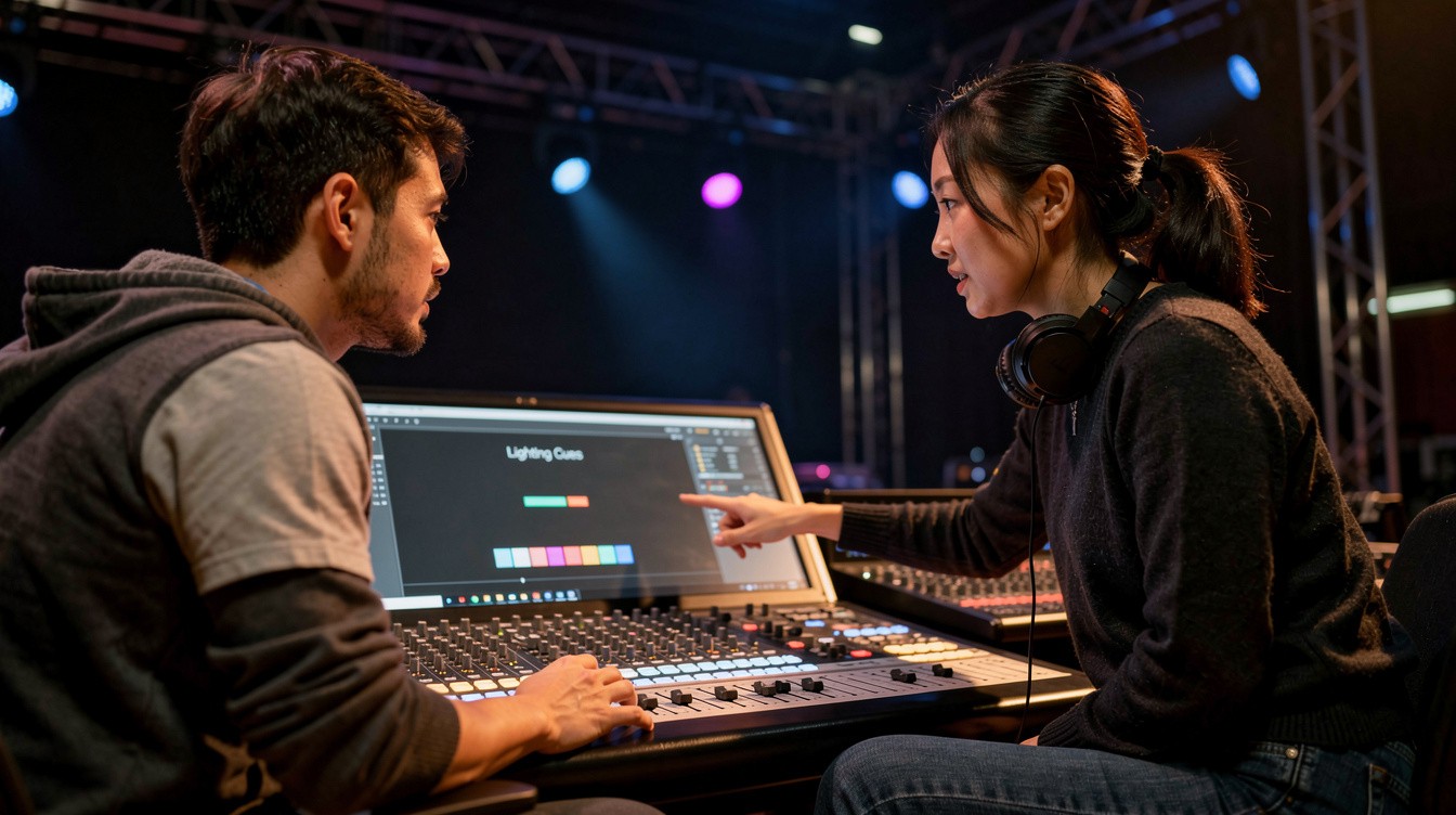 Lighting programmer training a junior operator on a console