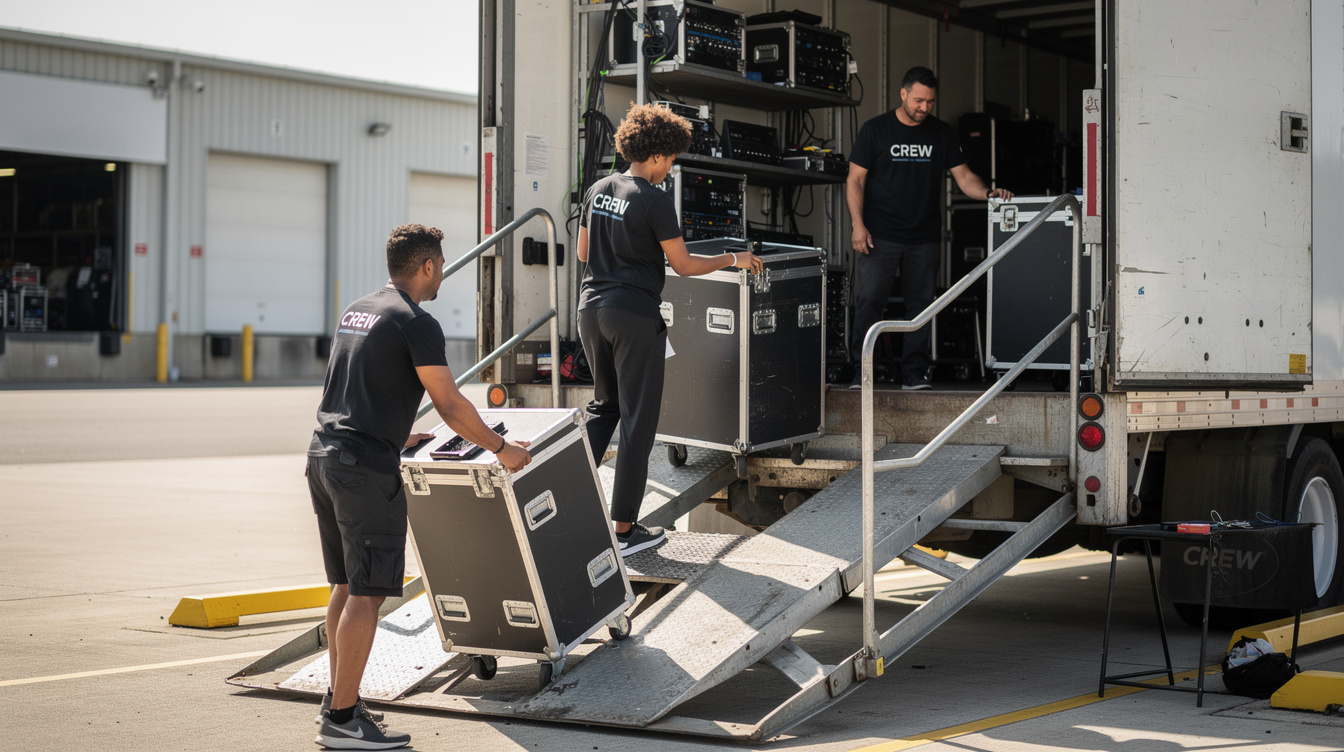 Touring crew loading lighting cases into a truck before a show