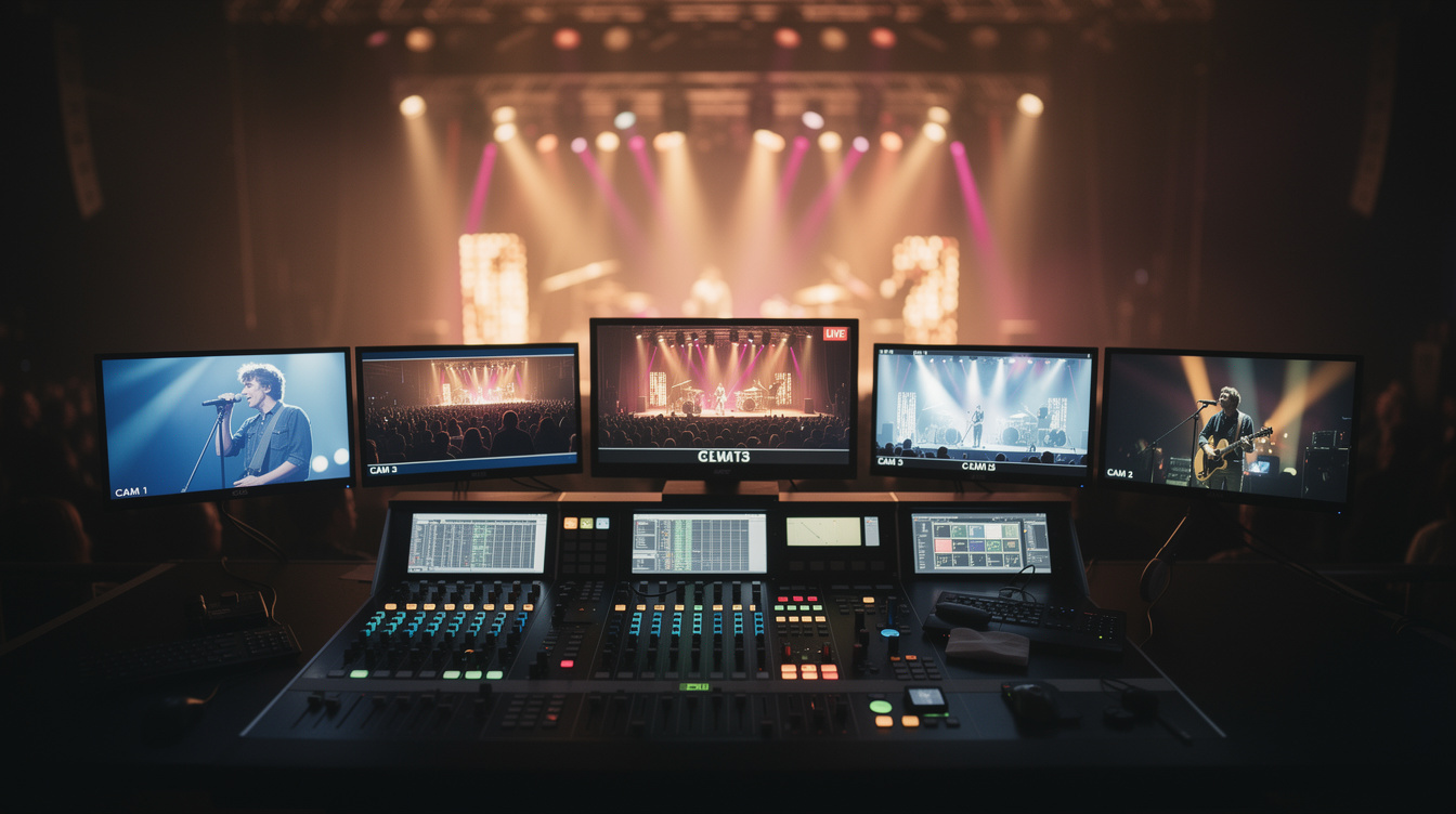 Lighting and camera control desk overlooking a lit concert stage