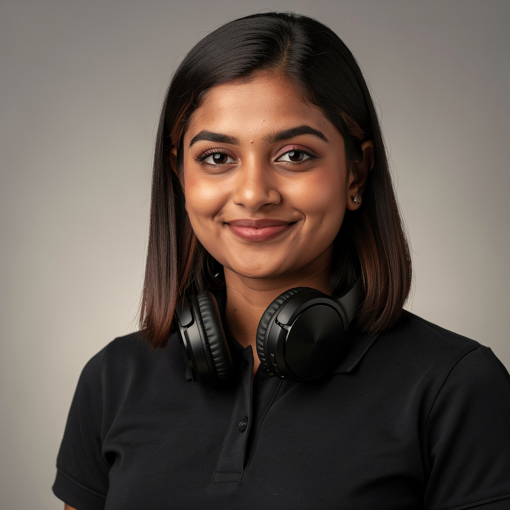 Studio portrait of a south asian woman camera cue lead