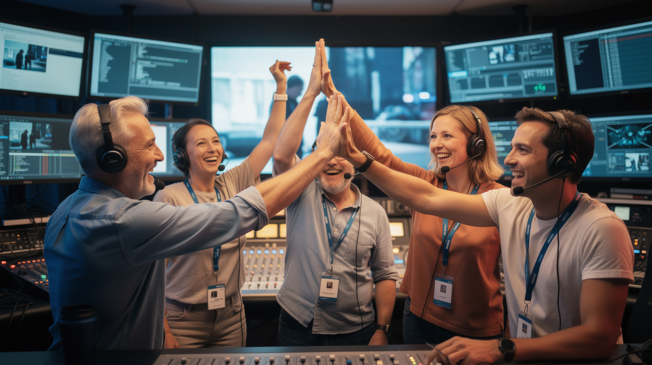 Production team celebrating after a successful live broadcast