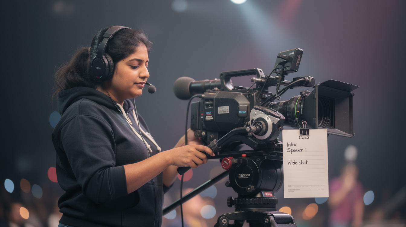 Camera operator following a cue sheet while filming a live event