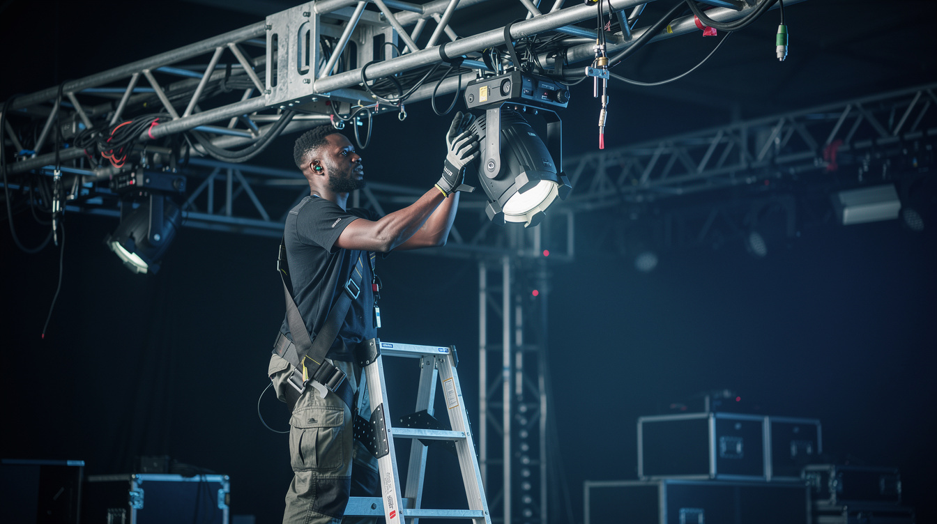 Rigger adjusting moving lights on a stage truss before a show