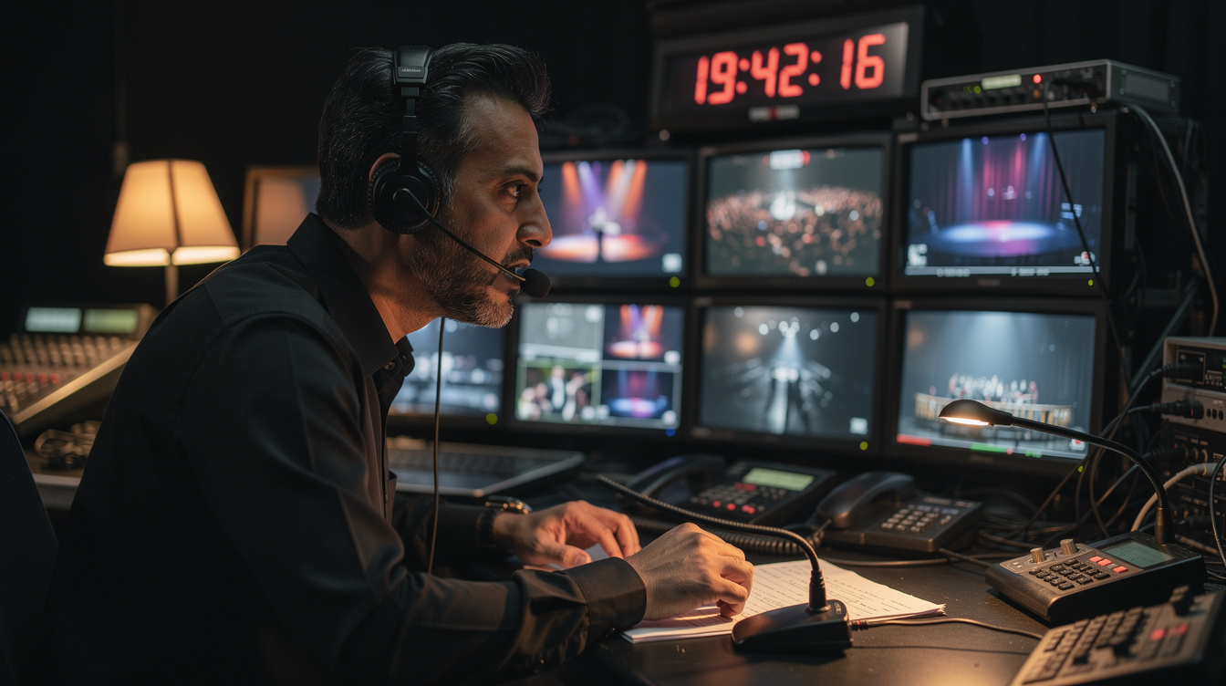 Show caller directing a timed rundown from a backstage monitor wall