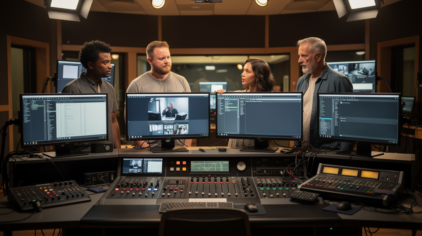 Diverse production crew reviewing a show rundown on monitors in a studio gallery